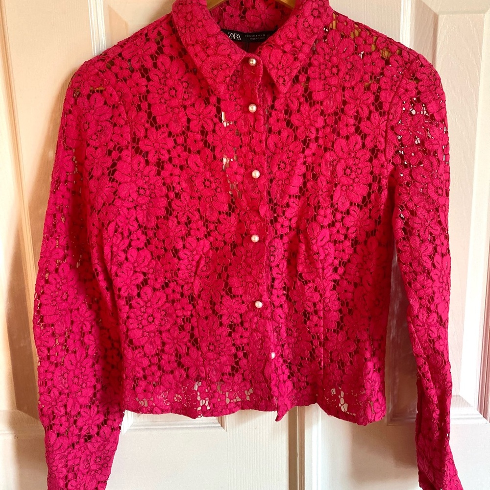 Zara Women's Hot Pink Lace Top with Pearl buttons
